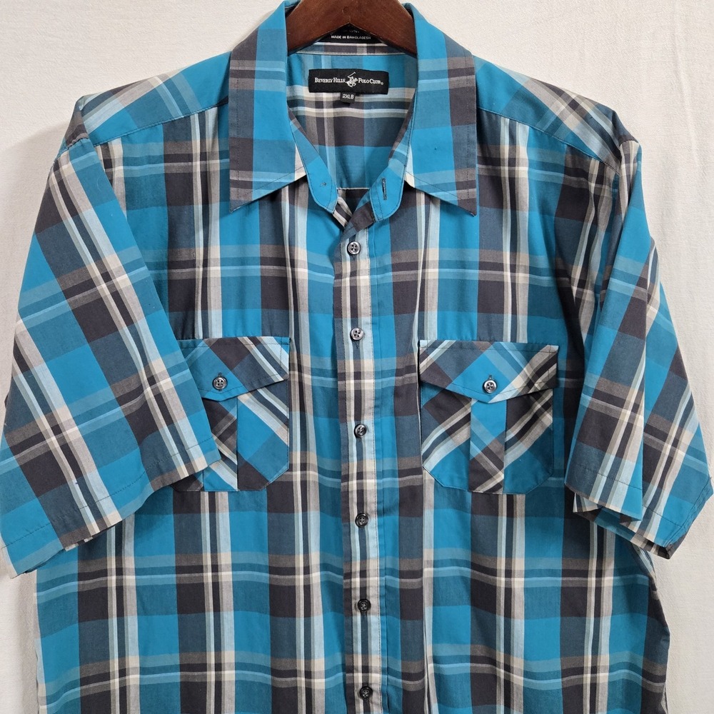 Vtg Y2k Beverly Hills Polo Club Shirt Men's 2XLB Plaid Short Sleeve Cotton Blend
